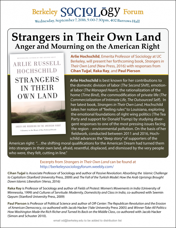 STRANGERS IN THEIR OWN LAND: ANGER AND MOURNING ON THE AMERICAN RIGHT event flyer